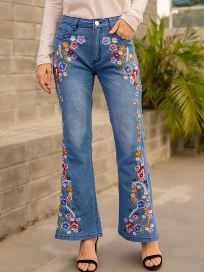Vintage Western Embroidery Slim Slim Wash Flare Pants Jeans