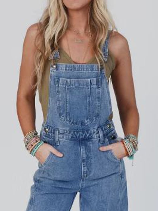 Women's Casual Square Neck Long Denim Suspender Jumpsuit
