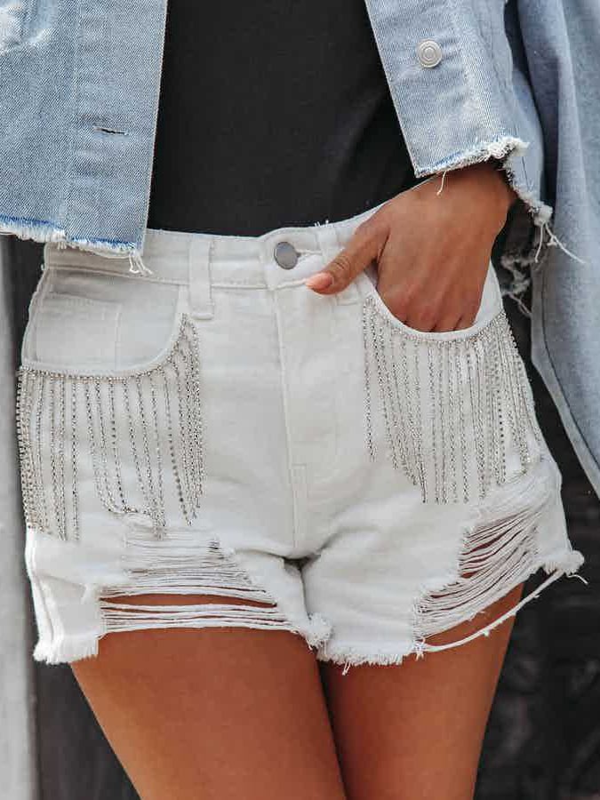 Denim Fashion Casual Chain Tassel Ripped Shorts