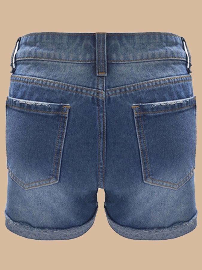 Trendy Print Ripped Washed Denim Shorts