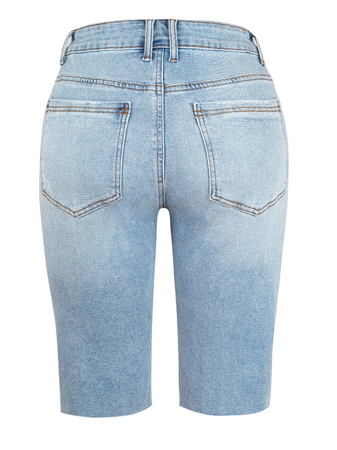 High Elastic Mid-rise Ripped Denim Cropped Pants