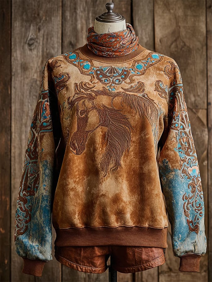 Women's Retro Western Design Printed Crew Neck Sweatshirt