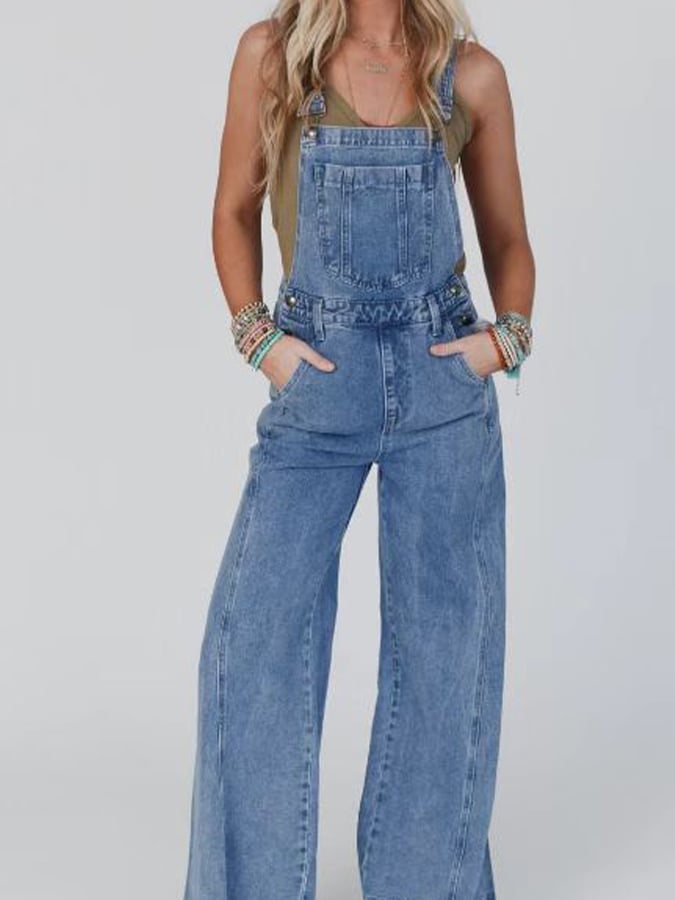 Women's Casual Square Neck Long Denim Suspender Jumpsuit