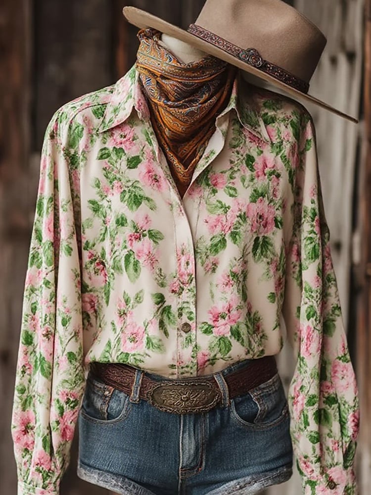 Women's Vintage Floral Western Long Sleeve Shirt