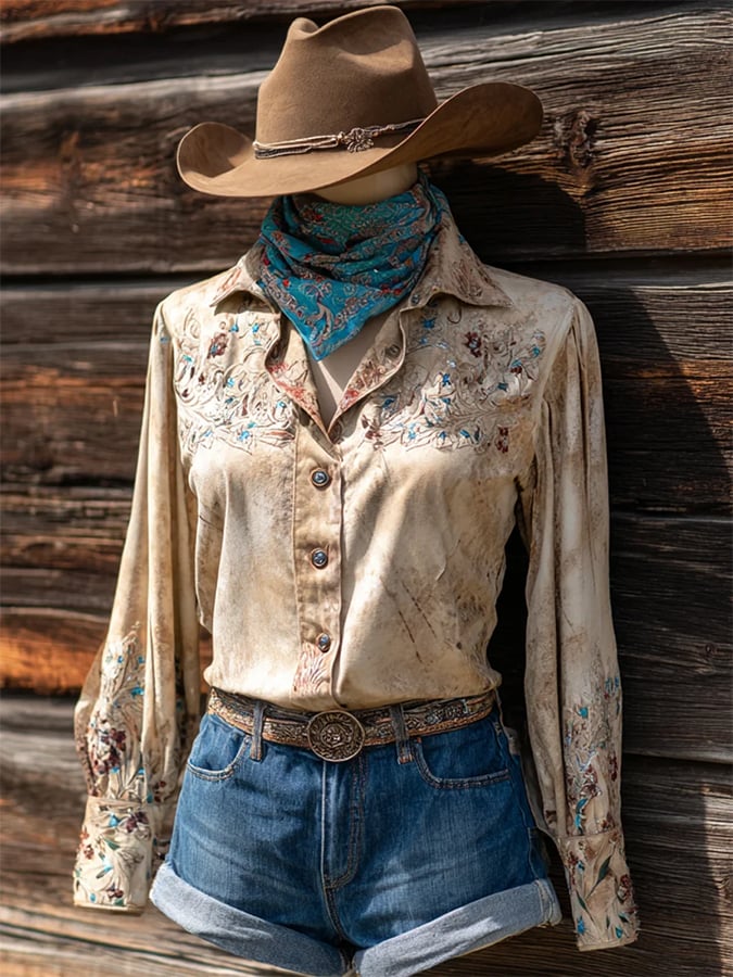 Women's Vintage Western Horse Design Cotton and Linen Blend Shirt