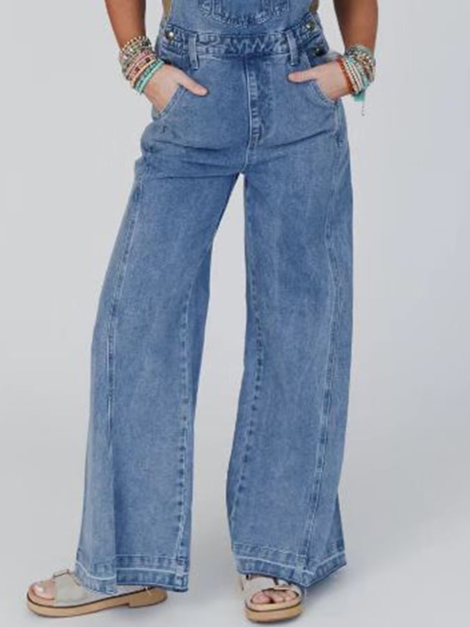 Women's Casual Square Neck Long Denim Suspender Jumpsuit