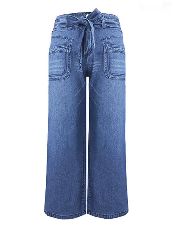 Lace Up Washed Denim Wide Leg Pants