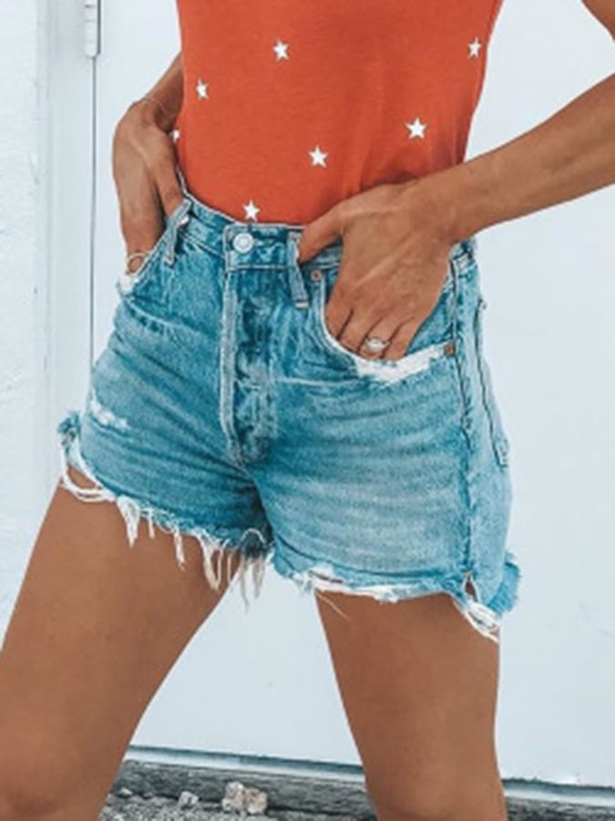 Loose-fitting Ripped Fringed Denim Shorts
