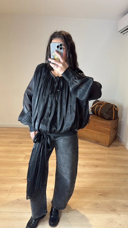 Elegant Vintage Black Sheer Ruched Blouse