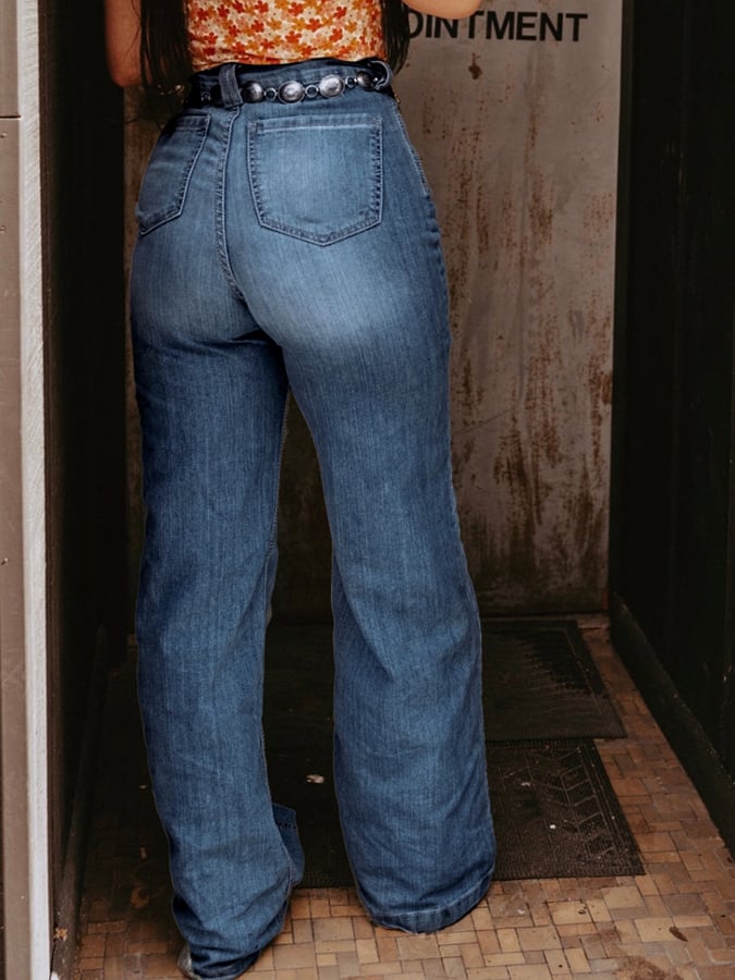 Flared Casual Jeans With Western Style Stitching Design
