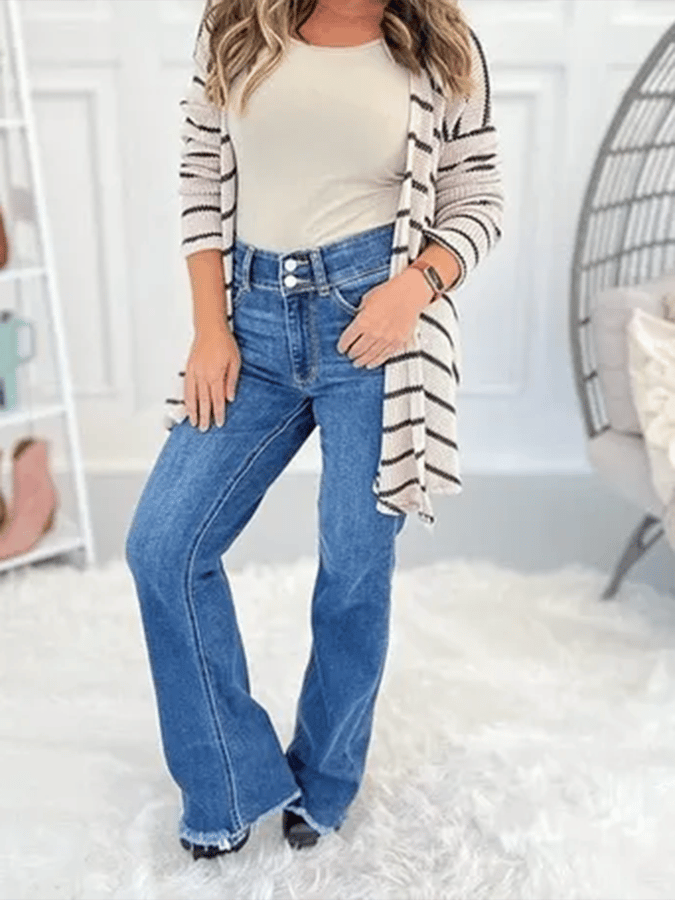 Women's Fashion Micro Flared Raw Edge Double Button Jeans