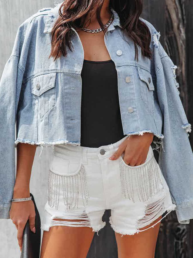 Denim Fashion Casual Chain Tassel Ripped Shorts