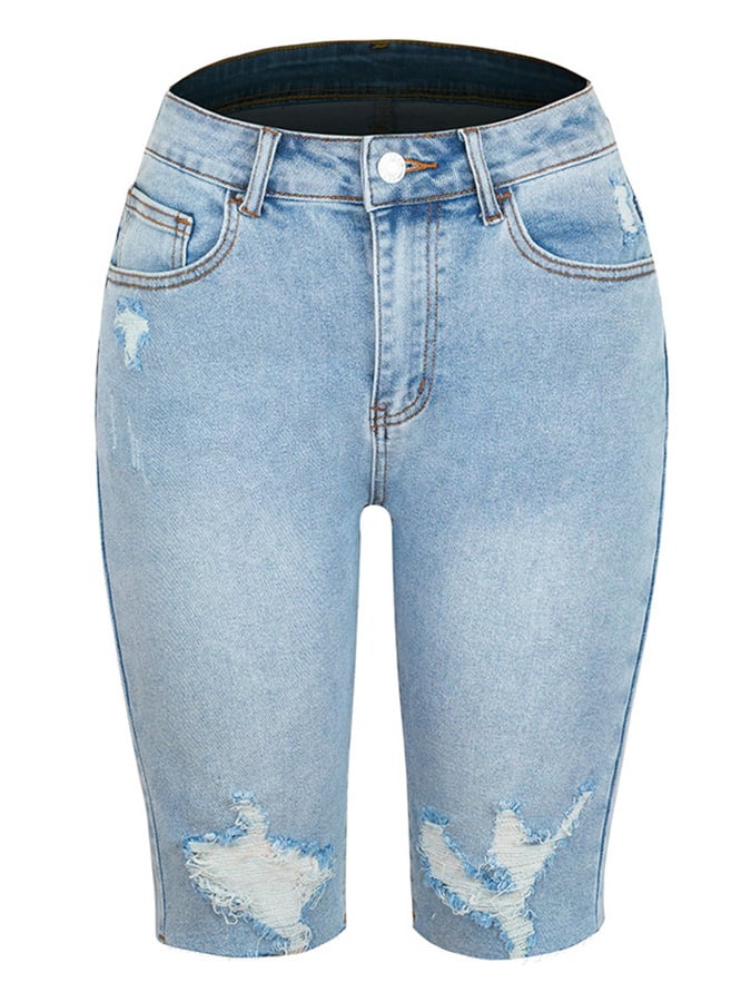 High Elastic Mid-rise Ripped Denim Cropped Pants