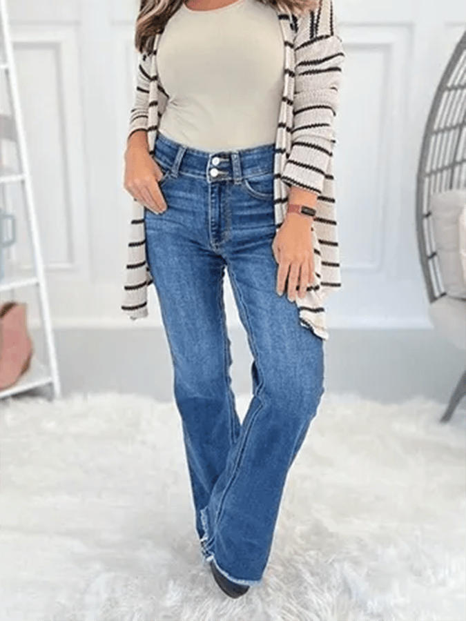 Women's Fashion Micro Flared Raw Edge Double Button Jeans