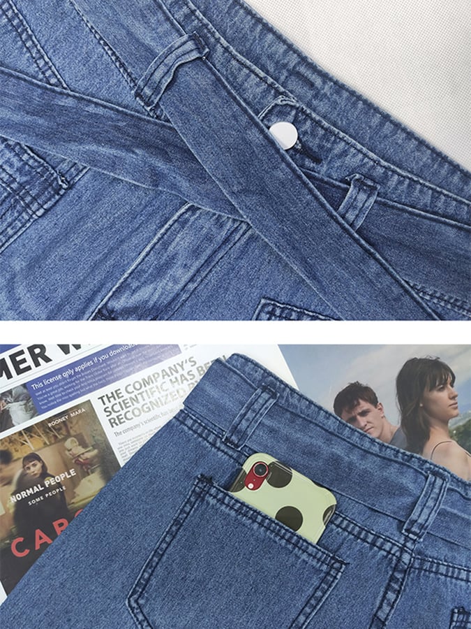 Lace Up Washed Denim Wide Leg Pants