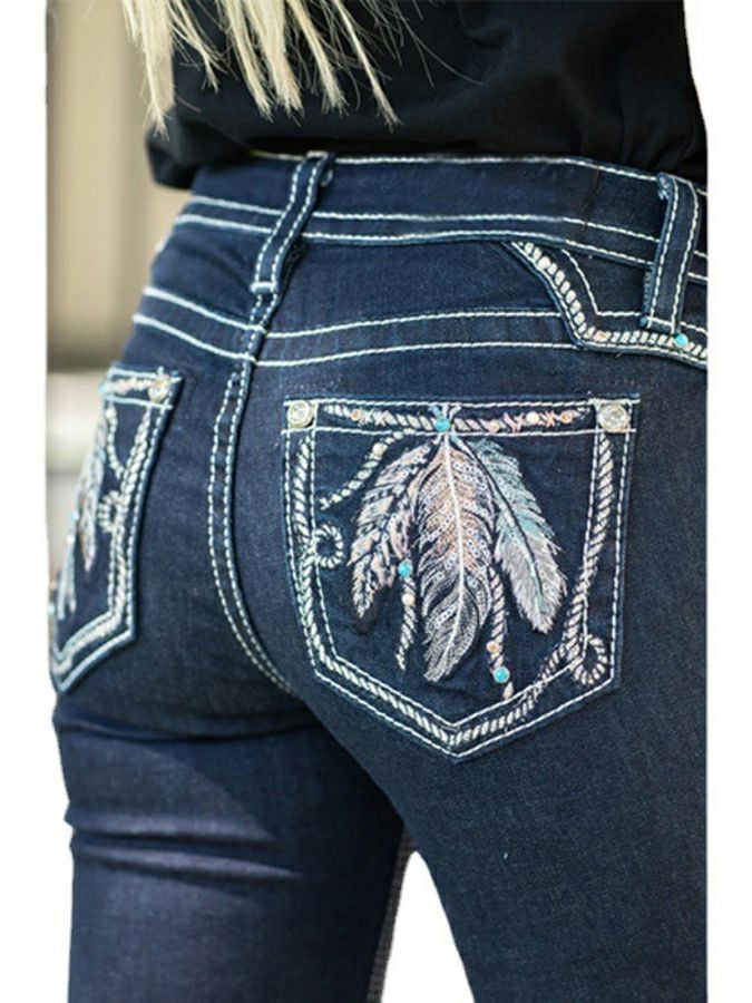 Western Style Stitching Design Sense Print Denim Trousers