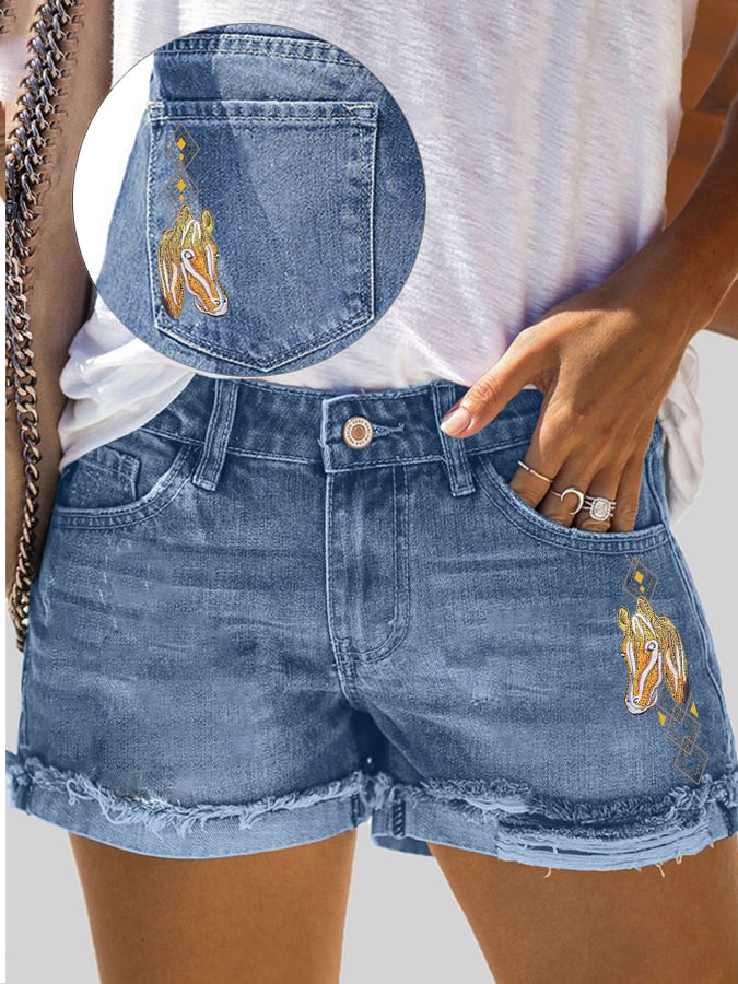 Women's Front And Back Horse Imitation Embroidery Print Shorts Jeans