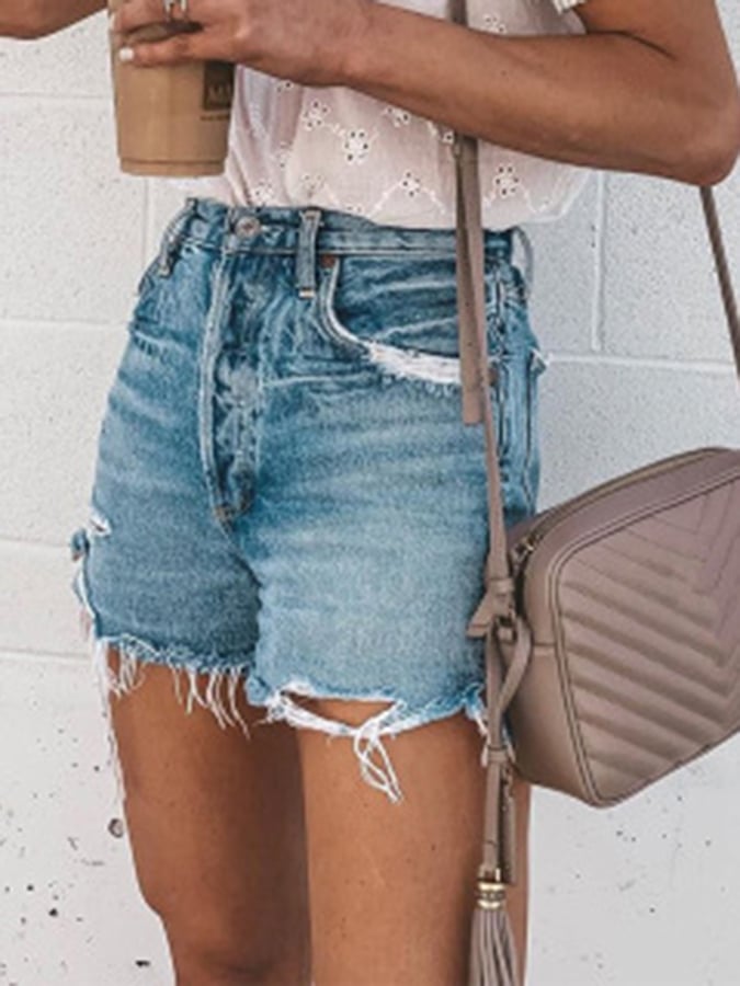 Loose-fitting Ripped Fringed Denim Shorts