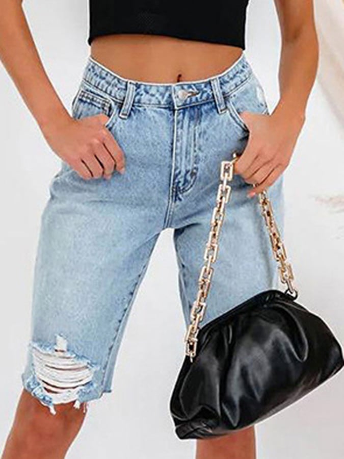 High Elastic Mid-rise Ripped Denim Cropped Pants