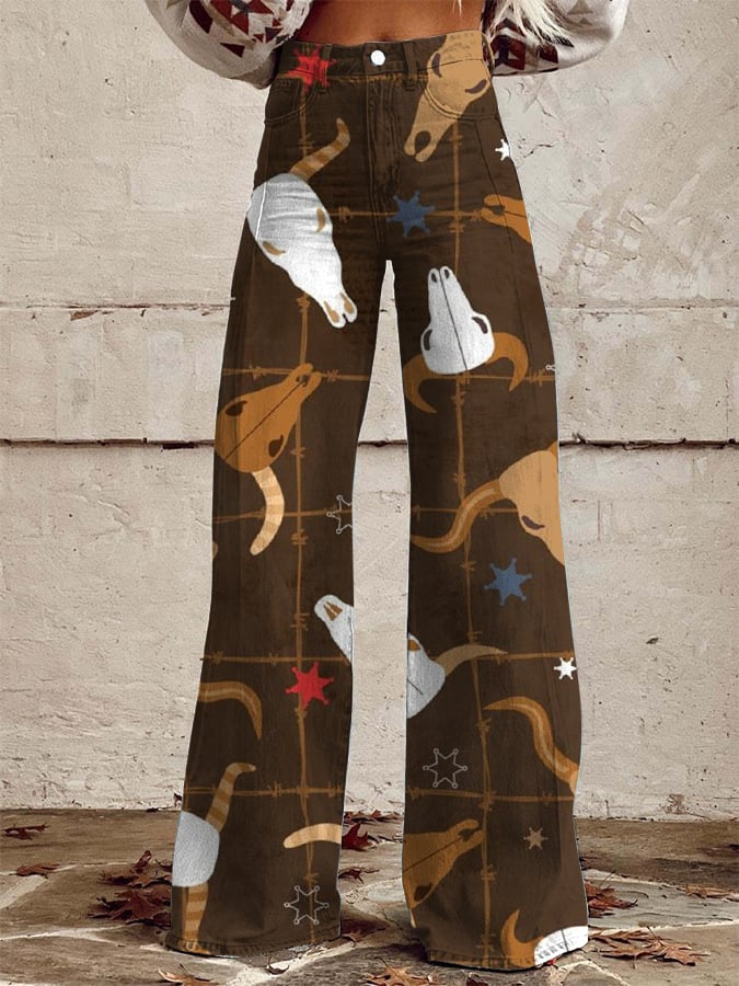Women's Western Denim Style High Stretch Bootleg Retro Casual Pants