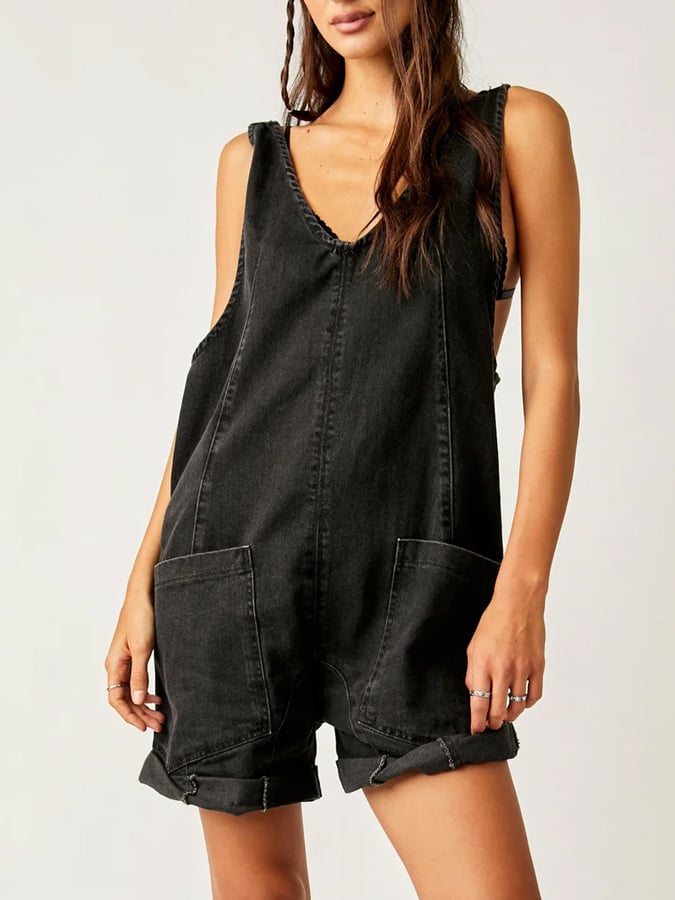 Women's Vintage Pocket Suspenders Adjustable Straps Washed Denim Jumpsuit