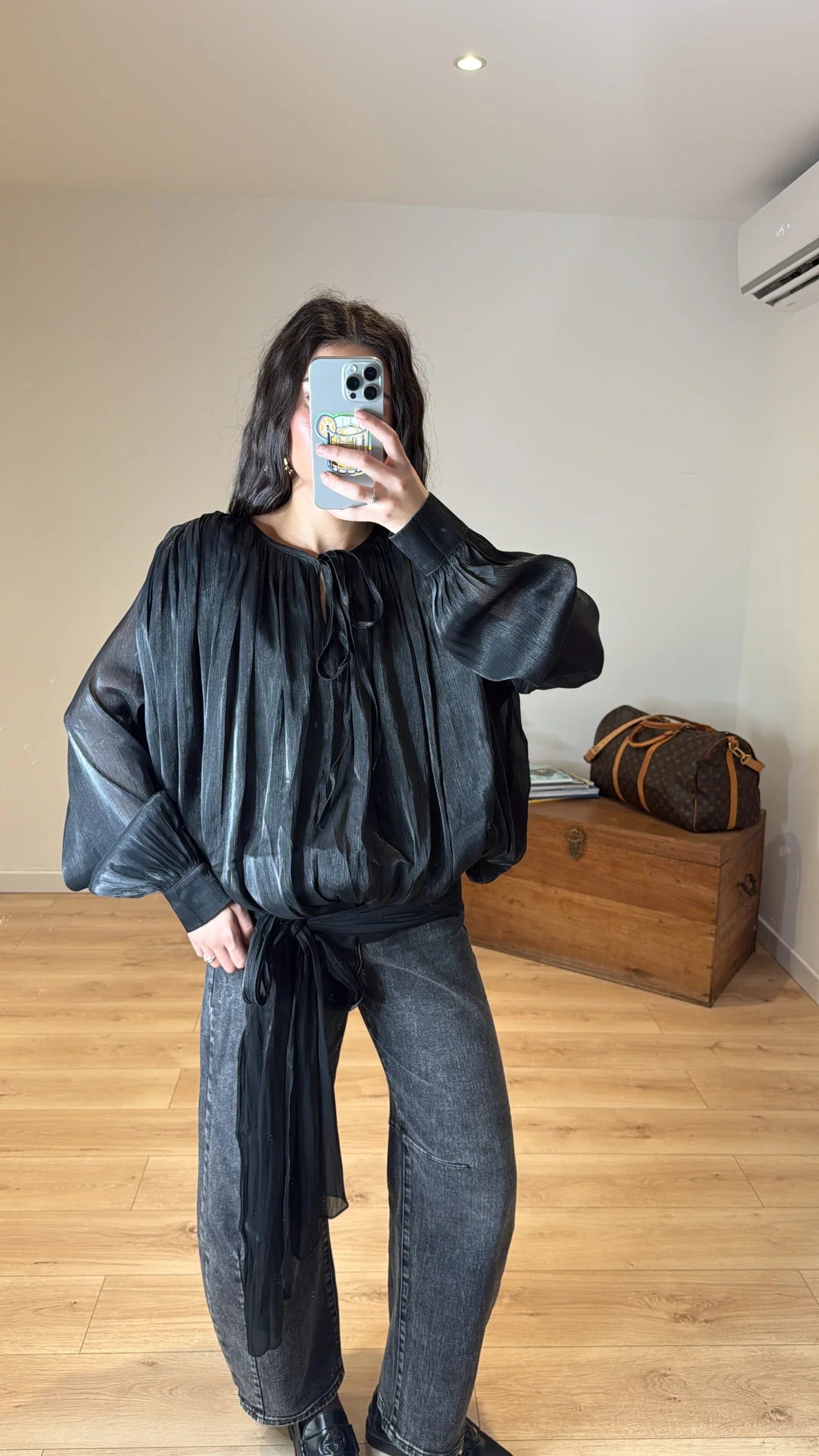 Elegant Vintage Black Sheer Ruched Blouse