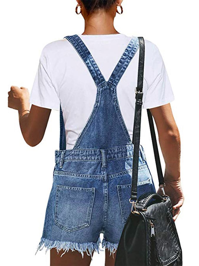 Women's Square Neck Ripped Overall Denim Jumpsuit