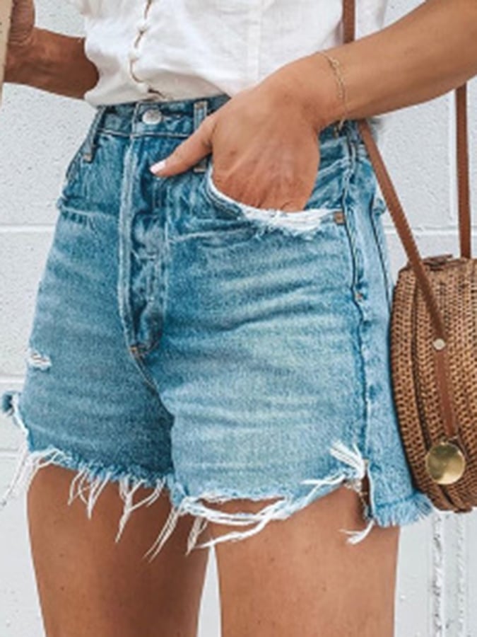 Loose-fitting Ripped Fringed Denim Shorts