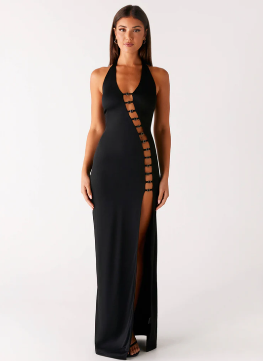 Elegant Black Halter Cutout Lace-Up Maxi Dress
