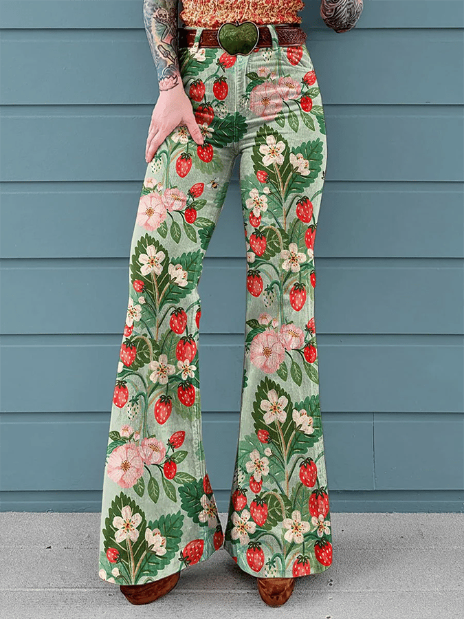 Women's Vintage Floral Print Mid-Rise Button-Hem Bootcut Pants (Without Belt)