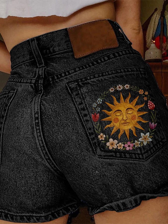 Women's Fashion Printed Hip-Stretching Sexy Denim Shorts