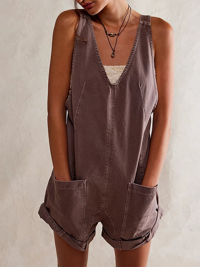 Women's Vintage Pocket Suspenders Adjustable Straps Washed Denim Jumpsuit
