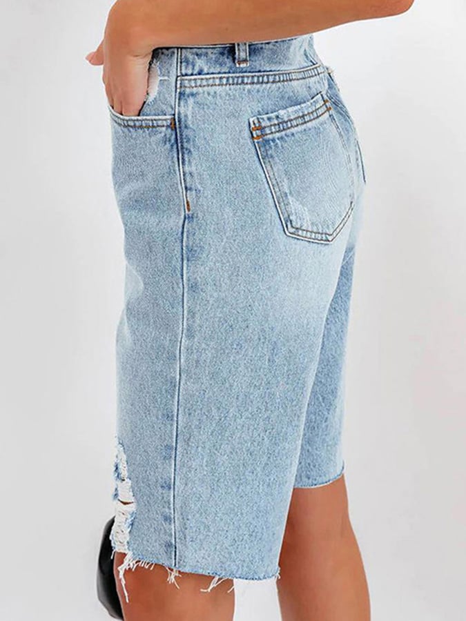 High Elastic Mid-rise Ripped Denim Cropped Pants