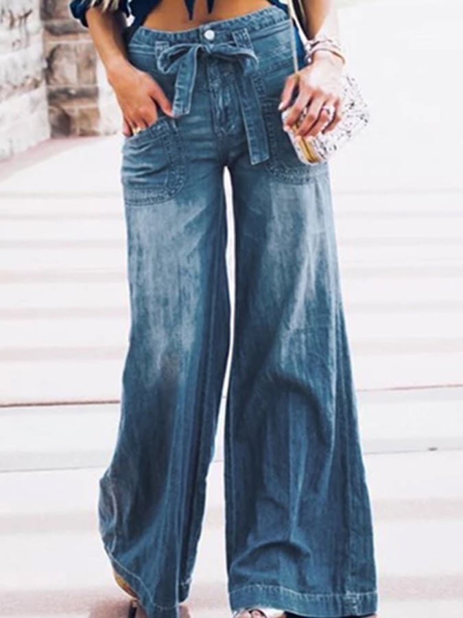 Lace Up Washed Denim Wide Leg Pants
