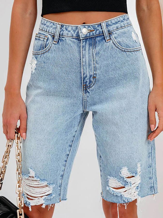 High Elastic Mid-rise Ripped Denim Cropped Pants