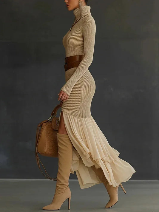 Elegant Vintage Ribbed Knit Slit Maxi Dress