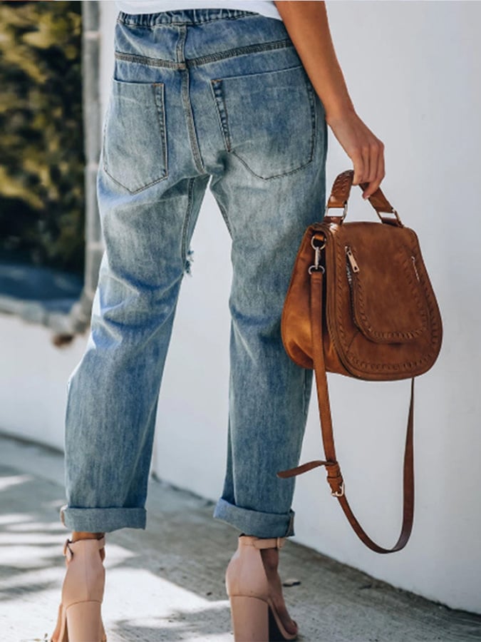 Ripped Elastic Waist Drawstring Sunflower Jeans