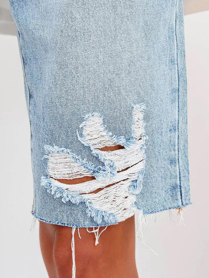 High Elastic Mid-rise Ripped Denim Cropped Pants