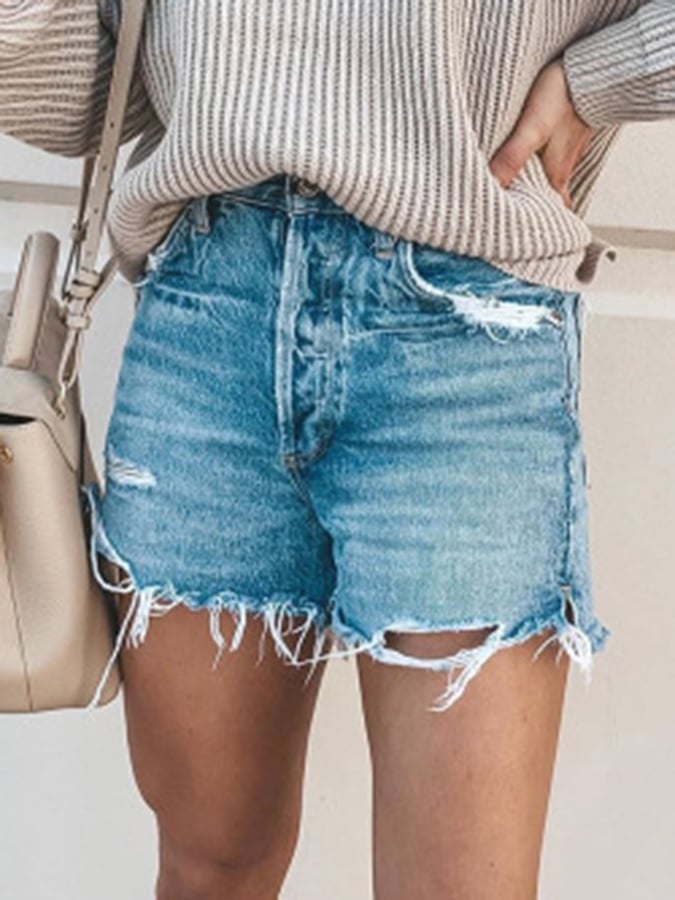 Loose-fitting Ripped Fringed Denim Shorts