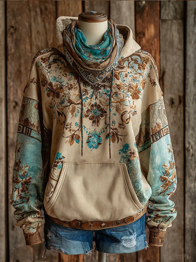 Womens Retro Western Design Print Hoodie