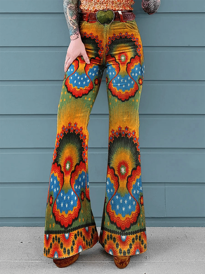 Women's Vintage Floral Print Mid-Rise Button-Hem Bootcut Pants (Without Belt)