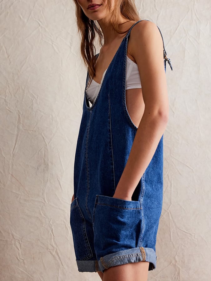 Women's Vintage Pocket Suspenders Adjustable Straps Washed Denim Jumpsuit