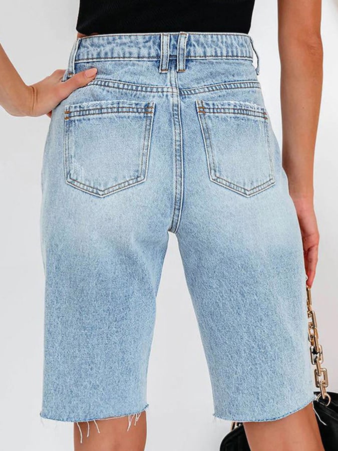 High Elastic Mid-rise Ripped Denim Cropped Pants