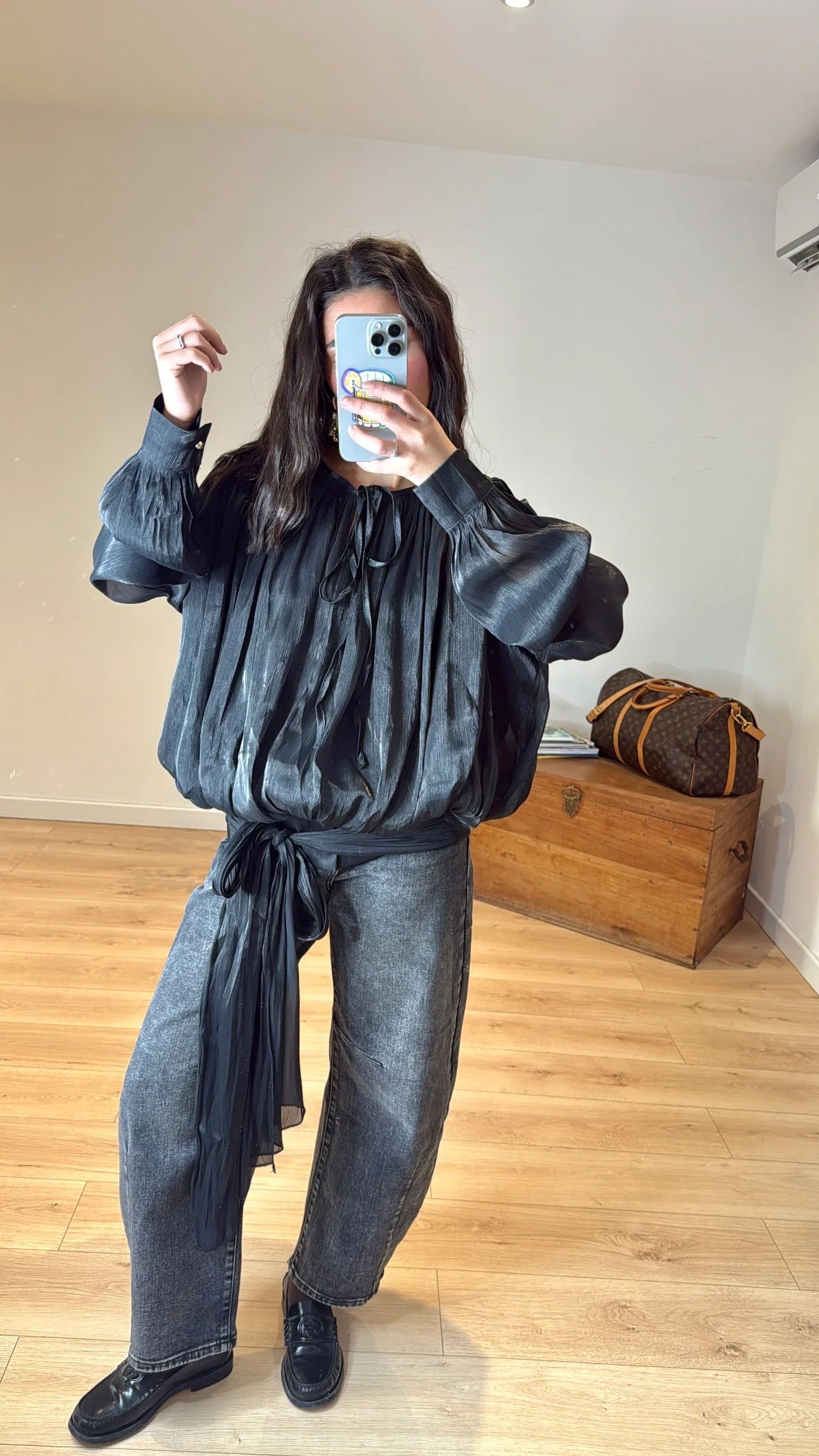 Elegant Vintage Black Sheer Ruched Blouse