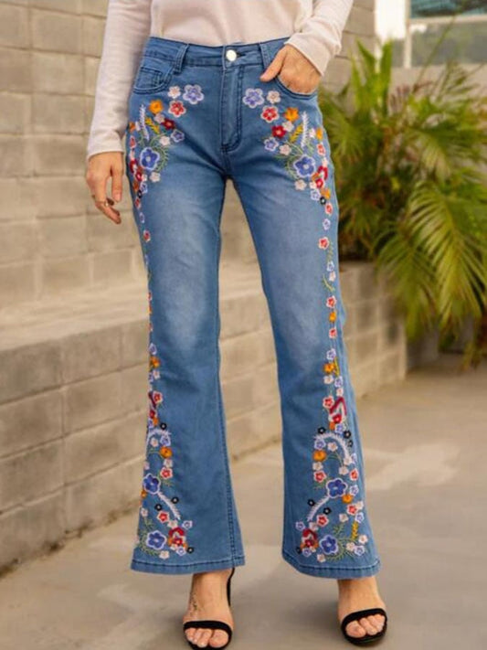 Vintage Western Embroidery Slim Slim Wash Flare Pants Jeans