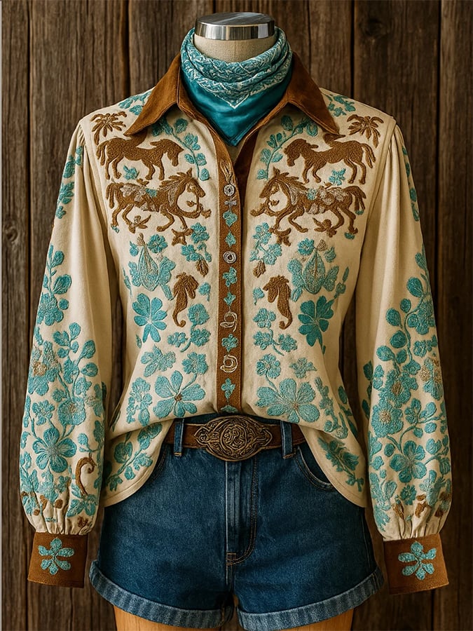 Women's Vintage Western Horse Design Cotton and Linen Blend Shirt