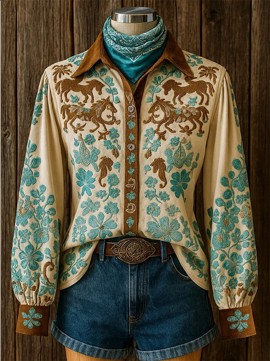 Women's Vintage Western Horse Design Cotton and Linen Blend Shirt