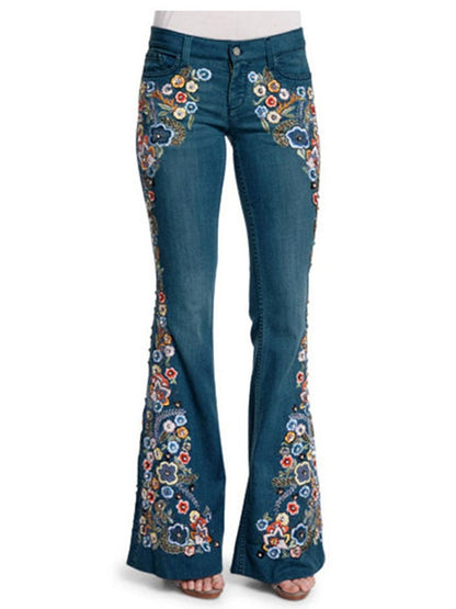 Vintage Western Embroidery Slim Slim Wash Flare Pants Jeans