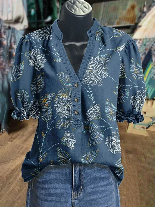 Women's Vintage Floral Print V-Neck Puff Sleeve Top