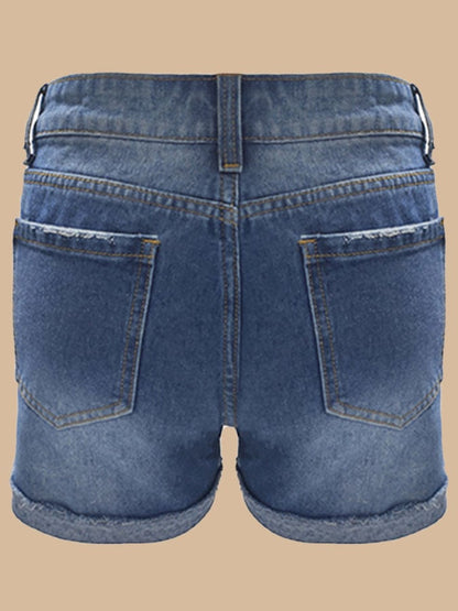 Trendy Print Ripped Washed Denim Shorts